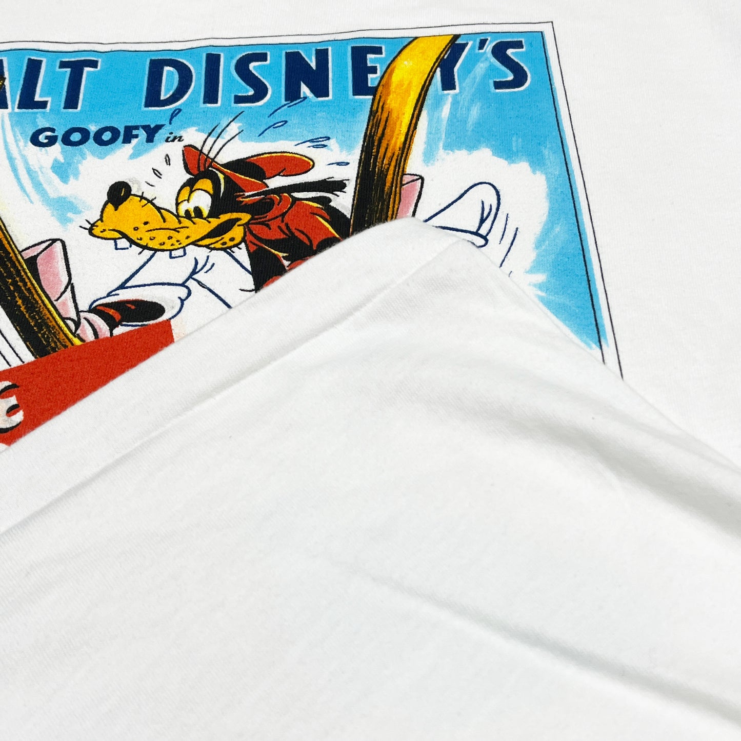 90s Disney Goofy T XL ディテール ゴフーの顔とスキーの上部 プリントの詳細
