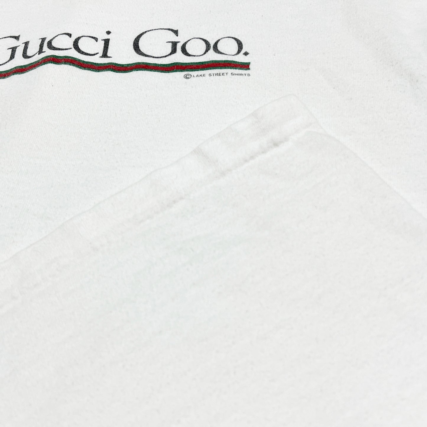 90s Gucci Boot "Gucci Gucci Goo" T L ディテール 白ベースの'Gucci Goo.'文字 赤緑のストライプライ