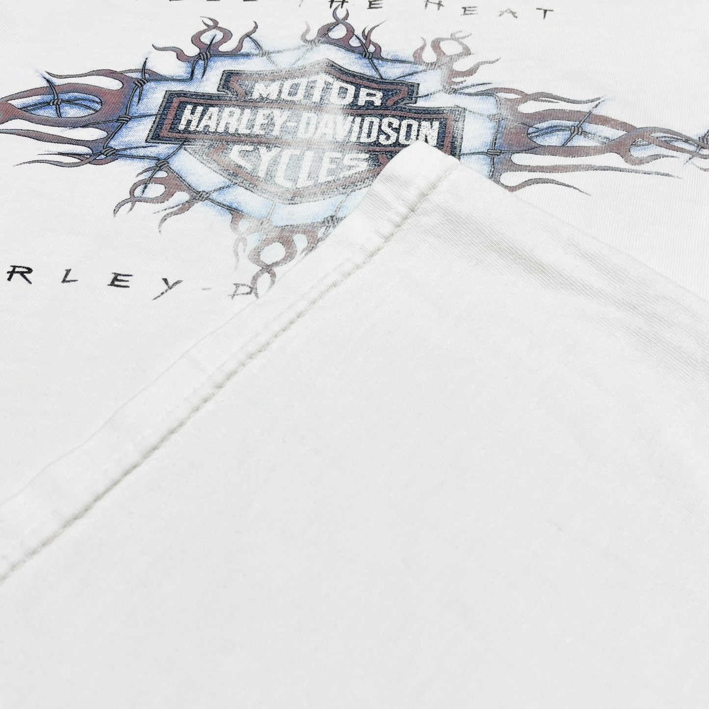 90s Harley Davidson L/S T XXL ディテール 8 白ベースに黒と青のグラフィックプリント 両袖に火炎のデザイン
