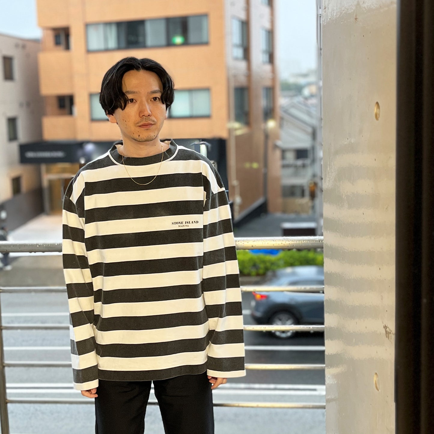80's Stone Island Border L/S T ブラックXホワイト マッシモ・オスティ期 Size (L-XL)位