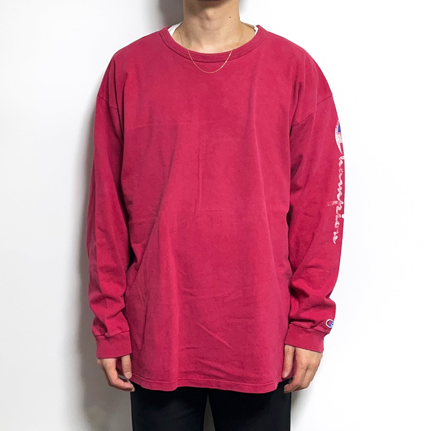 90's 青刺繍タグ Champion スクリプトロゴ L/S T Size (XXL)