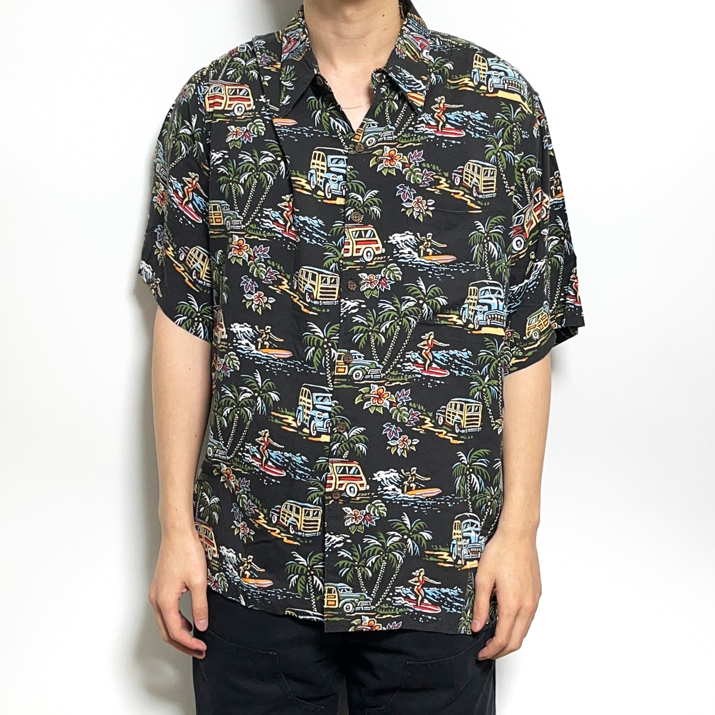 90's REYN SPOONER Rayon S/S SH "SAINT LAURENT Sampling" Size (XL)