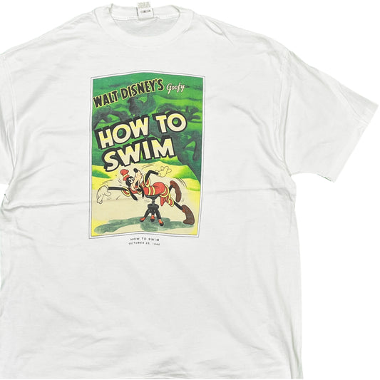 90s Disney Goofy "How to Swim" T XL 平置き 1 白Tシャツに ゴードーの「How to Swim」プリントが