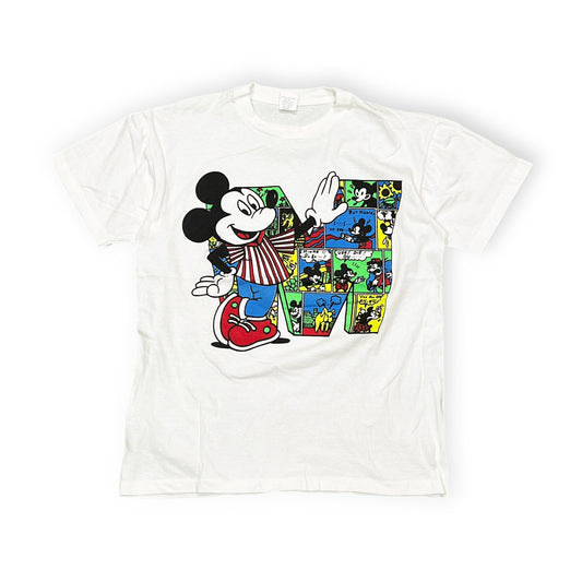 80s〜 Enjoy Mickey Mouse T L 平置き 白T Mickey Mouseプリント コミック風デザイン