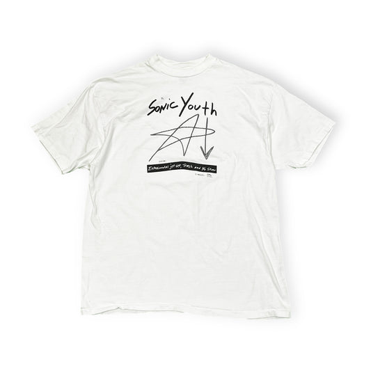 90s Hanes Sonic Youth T XL 平置き 白ベースに黒の「Sonic Youth」ロゴと星のデザイン