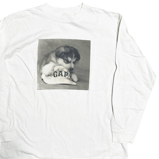 90s Old Gap Dog Photo L/S T XXL 平置き 1 白長袖Tシャツ 前面に犬と帽子のプリント