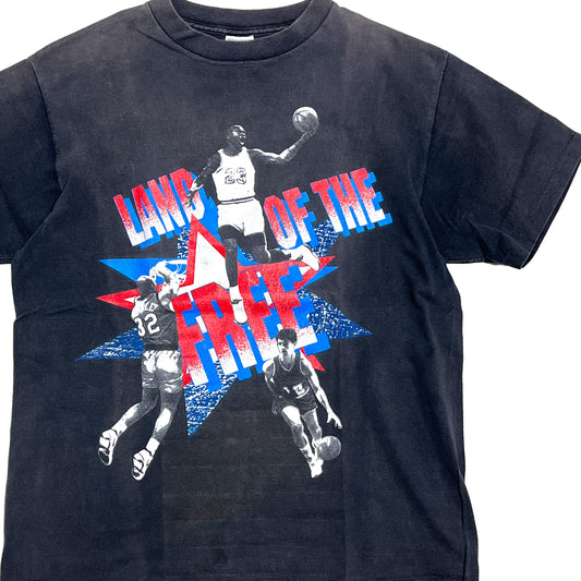 90s Nike "JUST DO IT" T L 平置き 1 黒ベースに「LAND OF THE FREE」のプリントと3