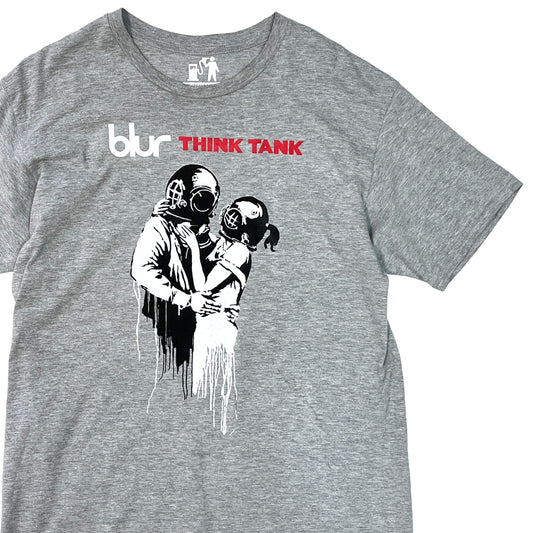 00s Euro Blur "THINK TANK" T M 正面 グレーTシャツ blur THINK TANKロゴ ガス面罩