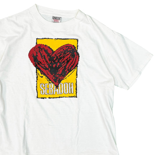 90s ONEITA SEBADOH T L 平置き 1 白Tシャツ 黄色の背景に赤い心形プリント SEBADOH文字
