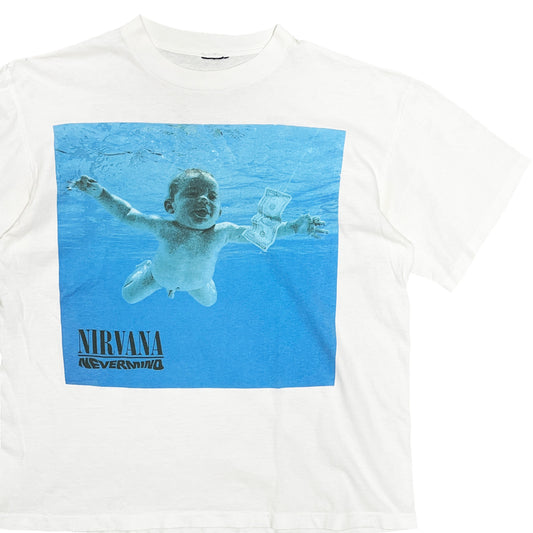 90s UnKnown Nirvana "Nevermind" T XL 平置き 白TシャツにNirvanaのNevermindプリント