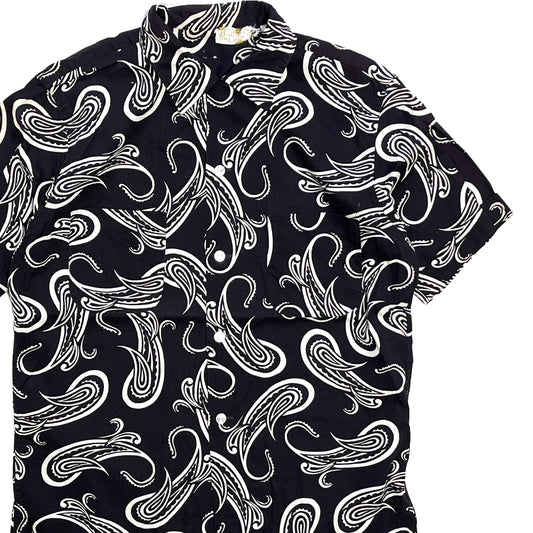 60s〜 UnKnown Cotton S/S SH Paisley M 平置き 白ベースに黒プリント ボタン付き