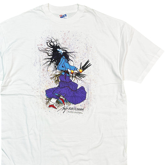 90s Hanes Baje Whitethorne T XL 平置き 1 白ベースに黒と青のプリント Baje Whitethorne