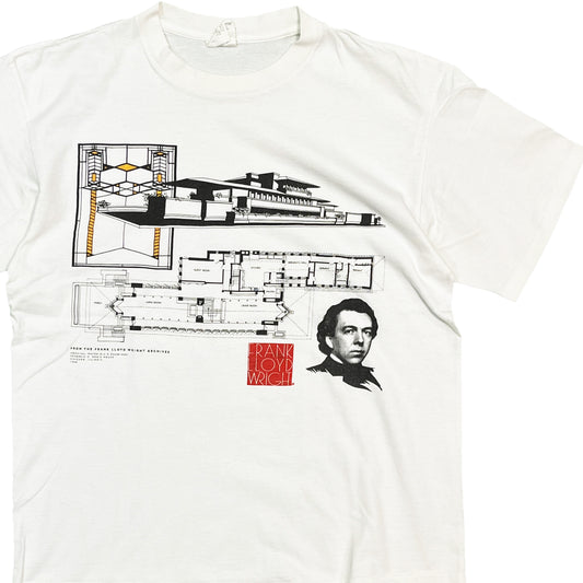 90s ANDAZIA Frank Lloyd Wright "Frederick C. Robie House" T L 平置き 1 白ベースのTシャツに FRANK LLOYD WRIGHTの