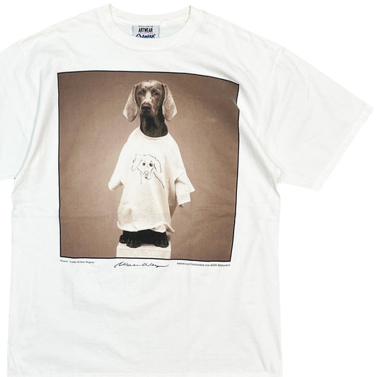 90s〜 AmFAR William Wegman "Moscot" T L 平置き 白ベースに大きなプリント 犬のイラスト AmFARタグ