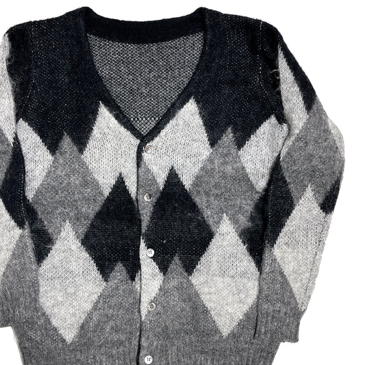 70s〜 UnKnown Argyle Cardigan L 平置き 1 Vネック ボタン付き アールゲル模様 グレーと黒の配色