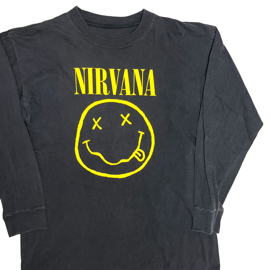 90s Unknown Nirvana Smile L/S T L 平置き 1 黒色長袖Tシャツ 黄色のNIRVANAロゴとSmile顔プリ