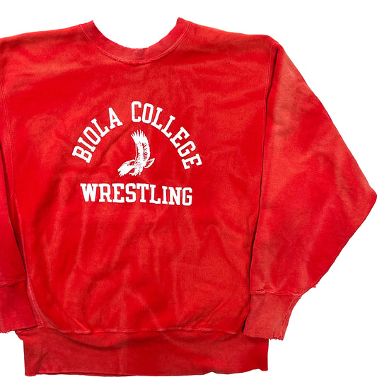 70's Champion 単色タグ R/W "BIOLA COLLEFE WRESTLING" 3段プリント Size (XL) 極上雰囲気！