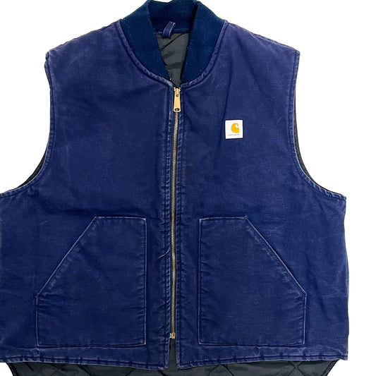 80s Carhartt Duck Vest 胸パッチ Navy XXL 平置き 1 Navy blue Carhartt vest, front