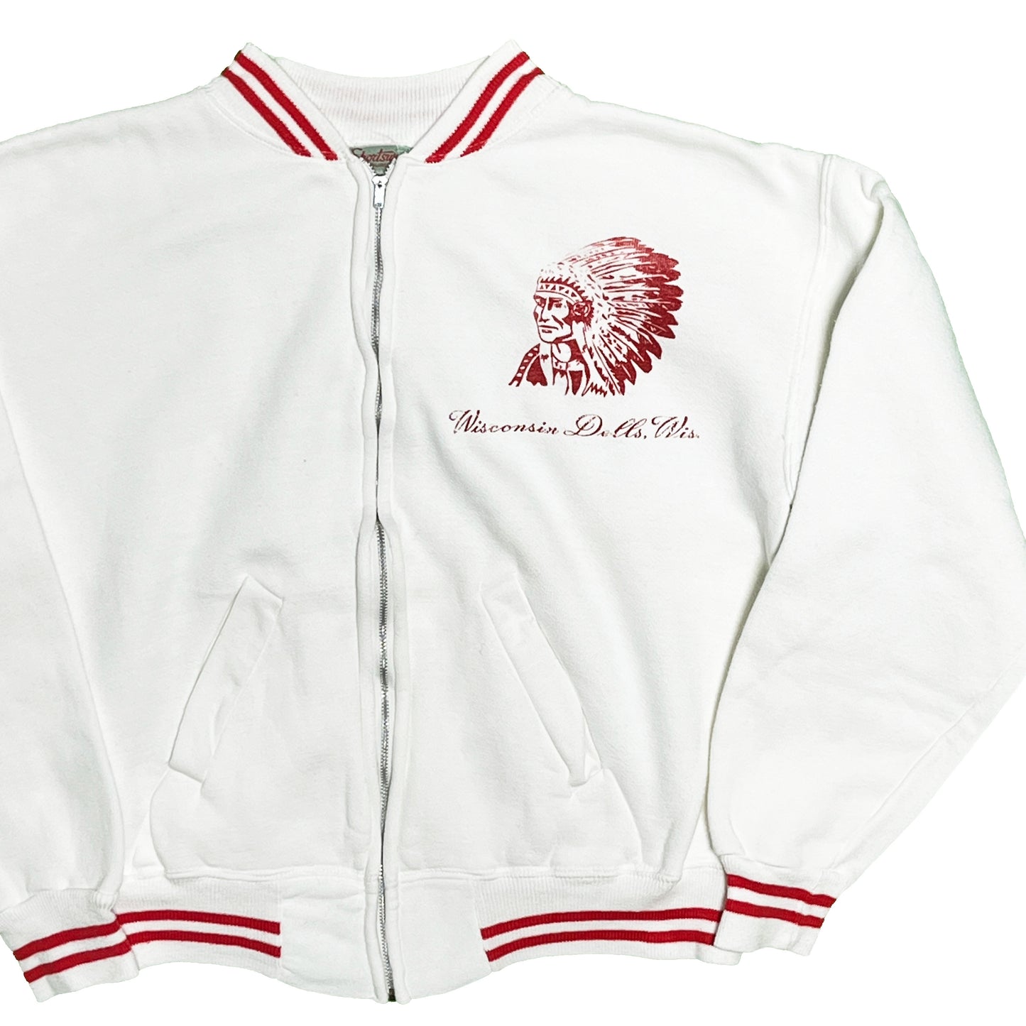 50s〜 Sportswear Zip Sweat "Indianhead" L 平置き 1 白ベース 赤いストライプ インディアン頭冠プリント ウィスコ
