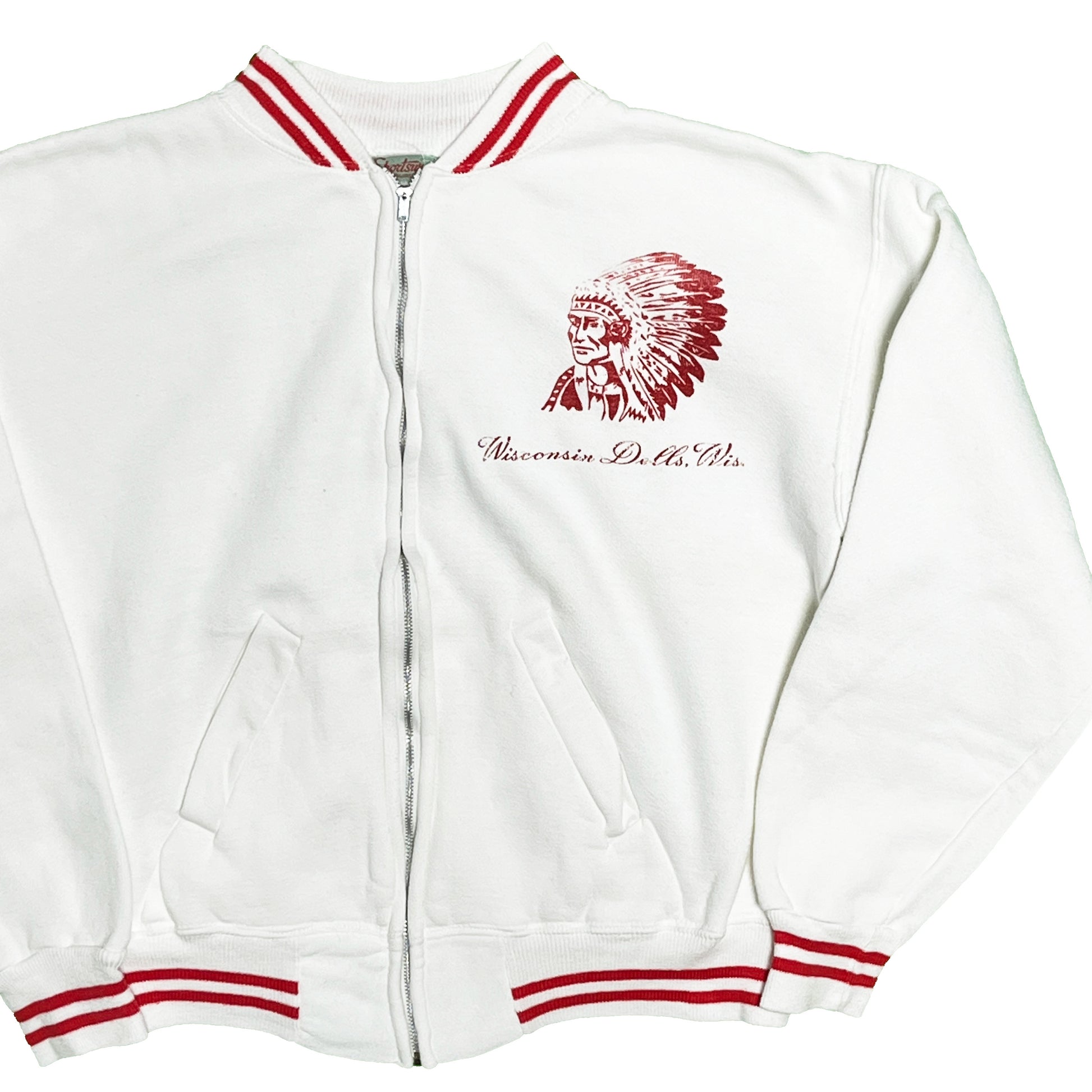 50s〜 Sportswear Zip Sweat "Indianhead" L 平置き 1 白ベース 赤いストライプ インディアン頭冠プリント ウィスコ