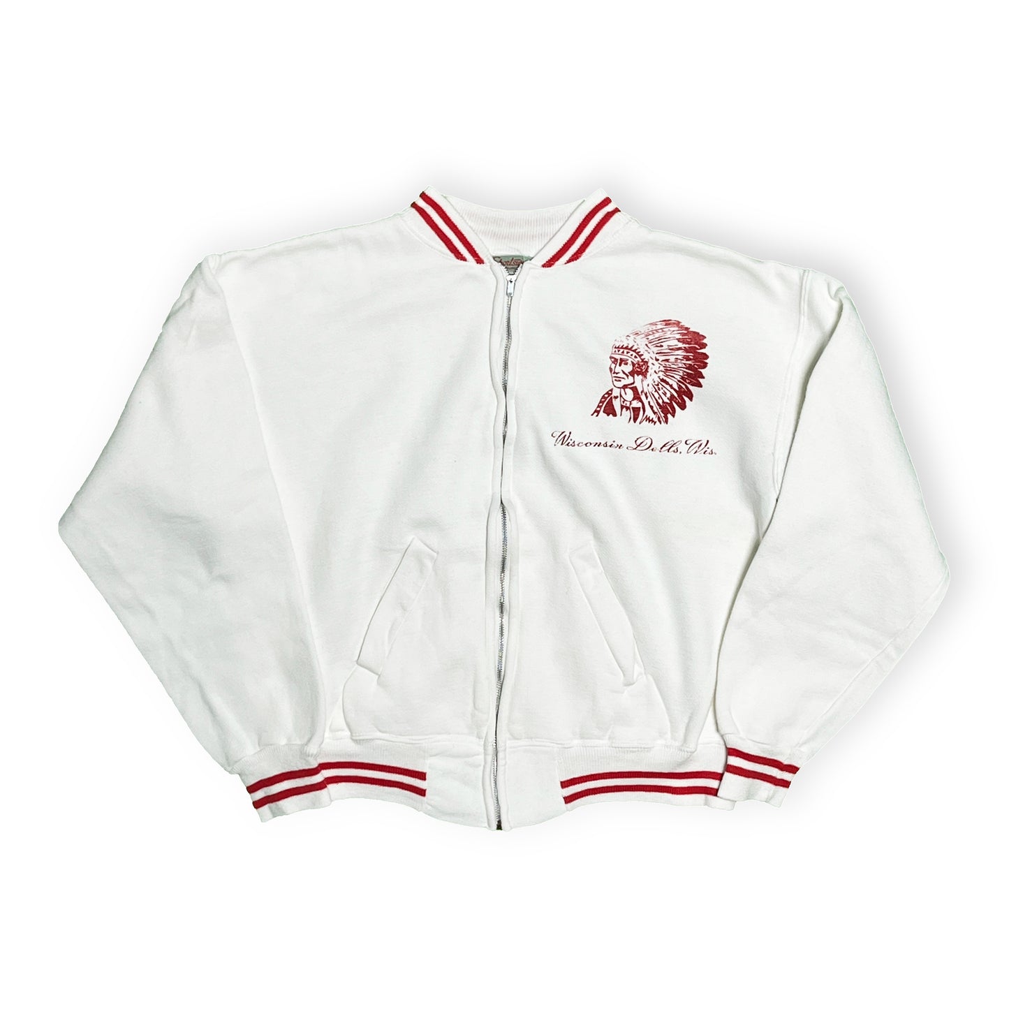 50s〜 Sportswear Zip Sweat "Indianhead" L 平置き 2 白ベース 赤いストライプ インディアン頭冠プリント ウィスコ