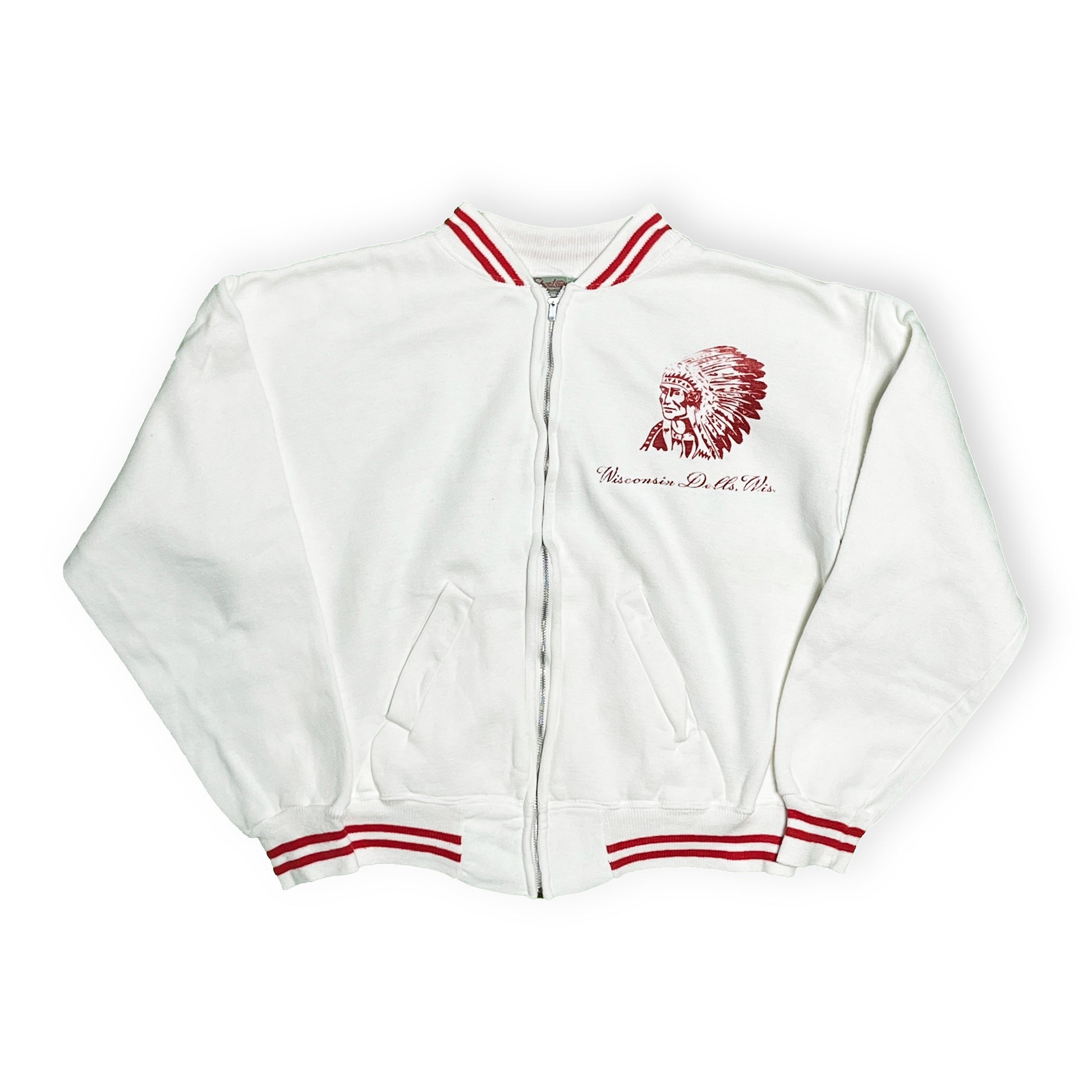 50s〜 Sportswear Zip Sweat "Indianhead" L 平置き 2 白ベース 赤いストライプ インディアン頭冠プリント ウィスコ