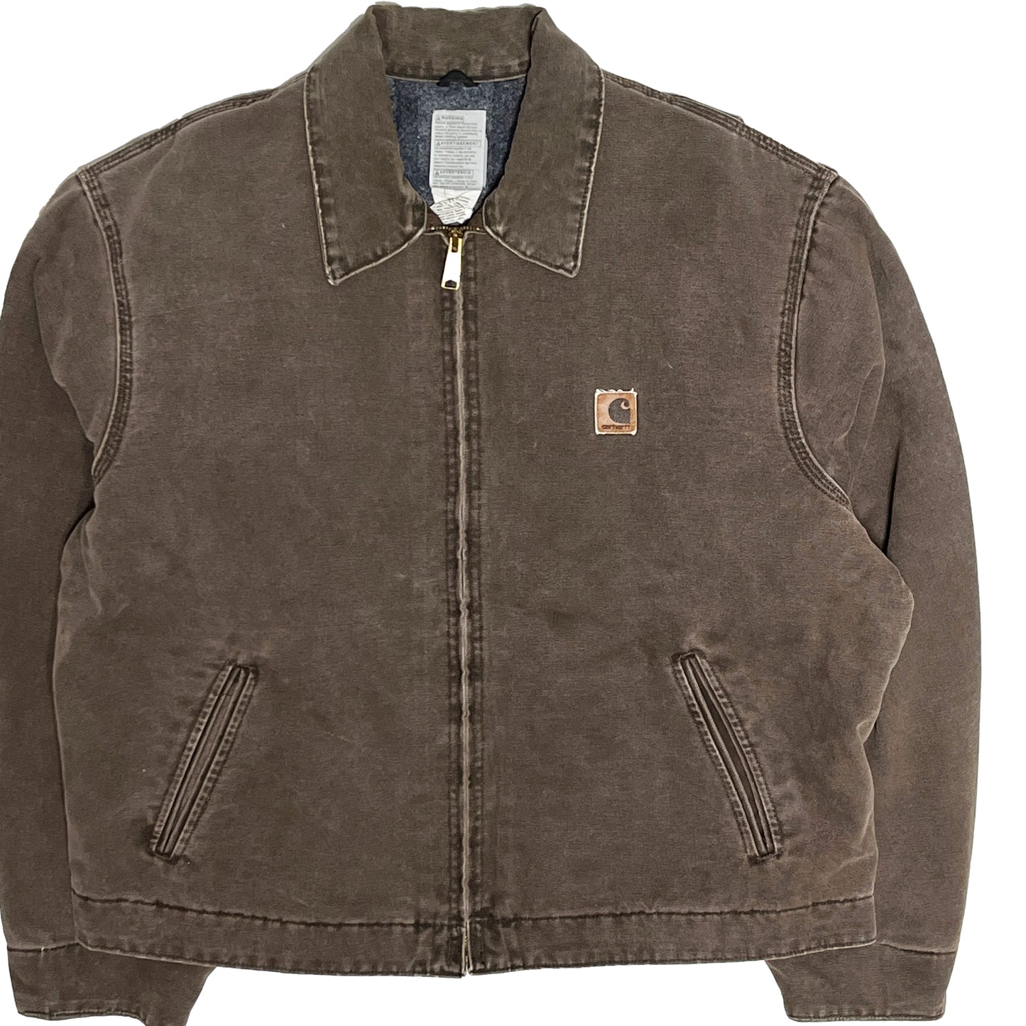 アメリカ製 Carhartt DETROIT JKT ブラウン XL-R レア 平置き 1 ダークブラウンの素材 フロントのジッパー 胸ポケット 左胸の