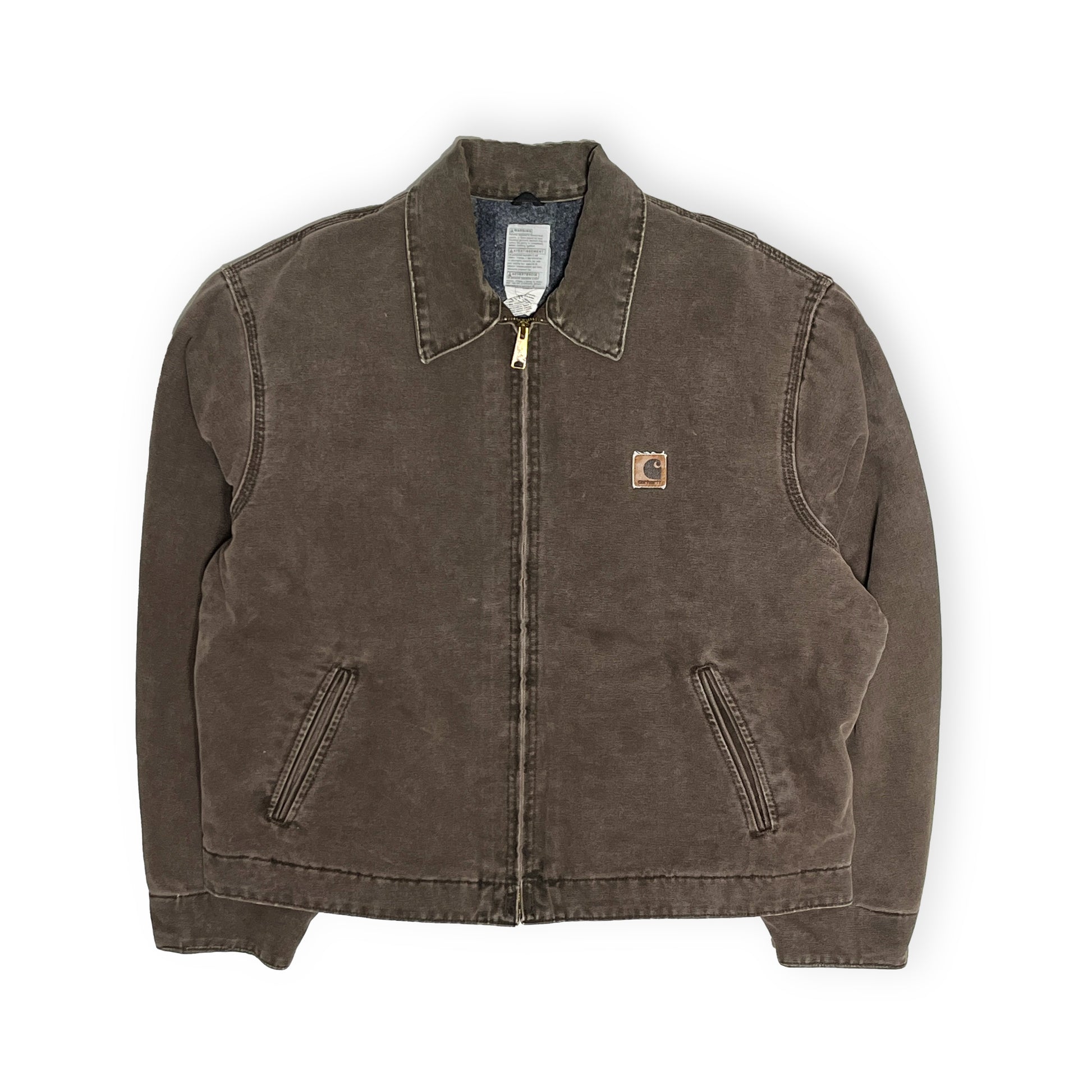 アメリカ製 Carhartt DETROIT JKT ブラウン XL-R レア 平置き 2 ダークブラウンの素材 フロントのジッパー 胸ポケット 左胸の