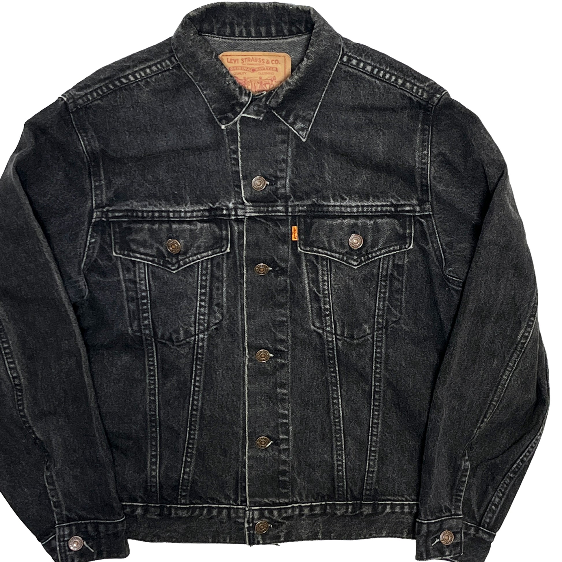 80s〜 Levi's 75505 Black Denim JKT オレンジタブ 38 カナダ製 平置き 1 黒いダニエルトレックスジャケット オレンジタブ ボタン 襟の
