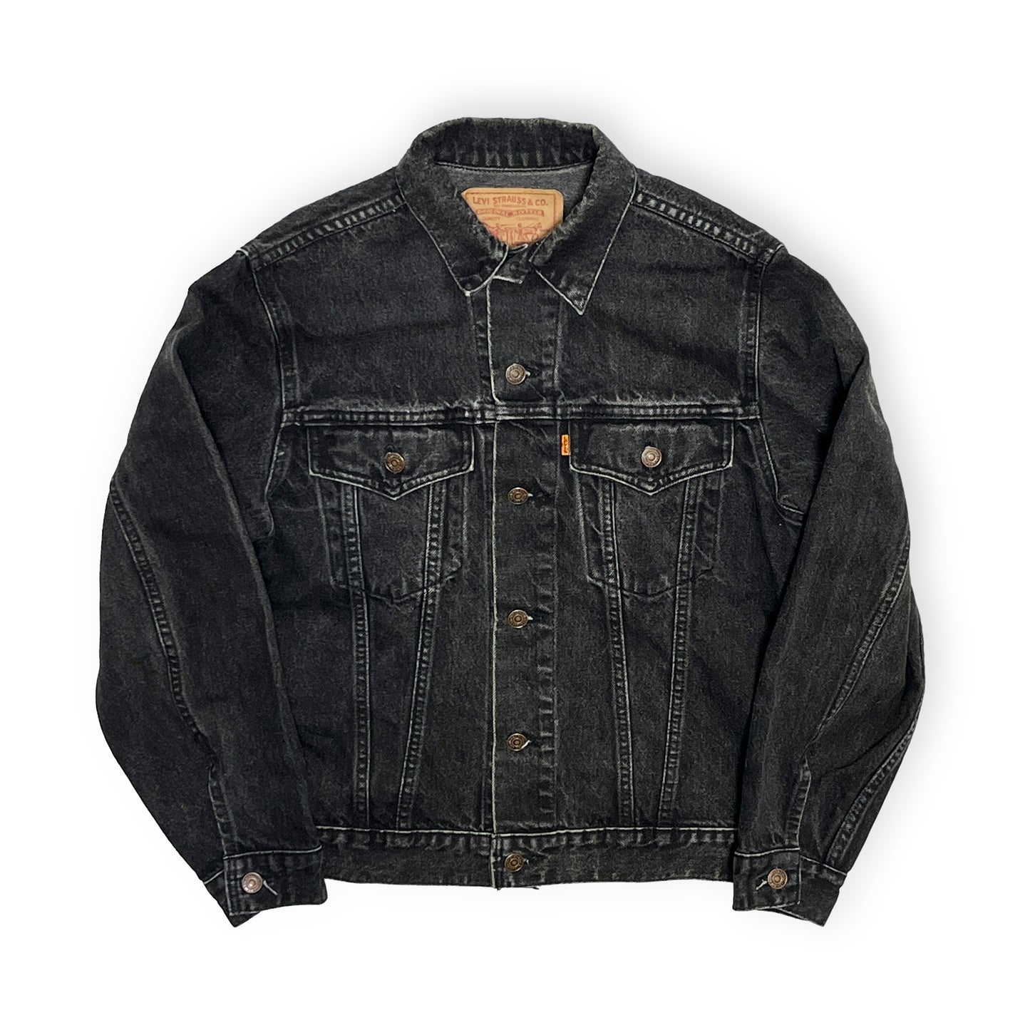 80s〜 Levi's 75505 Black Denim JKT オレンジタブ 38 カナダ製 平置き 2 黒いダニエルトレックスジャケット オレンジタブ ボタン 襟の