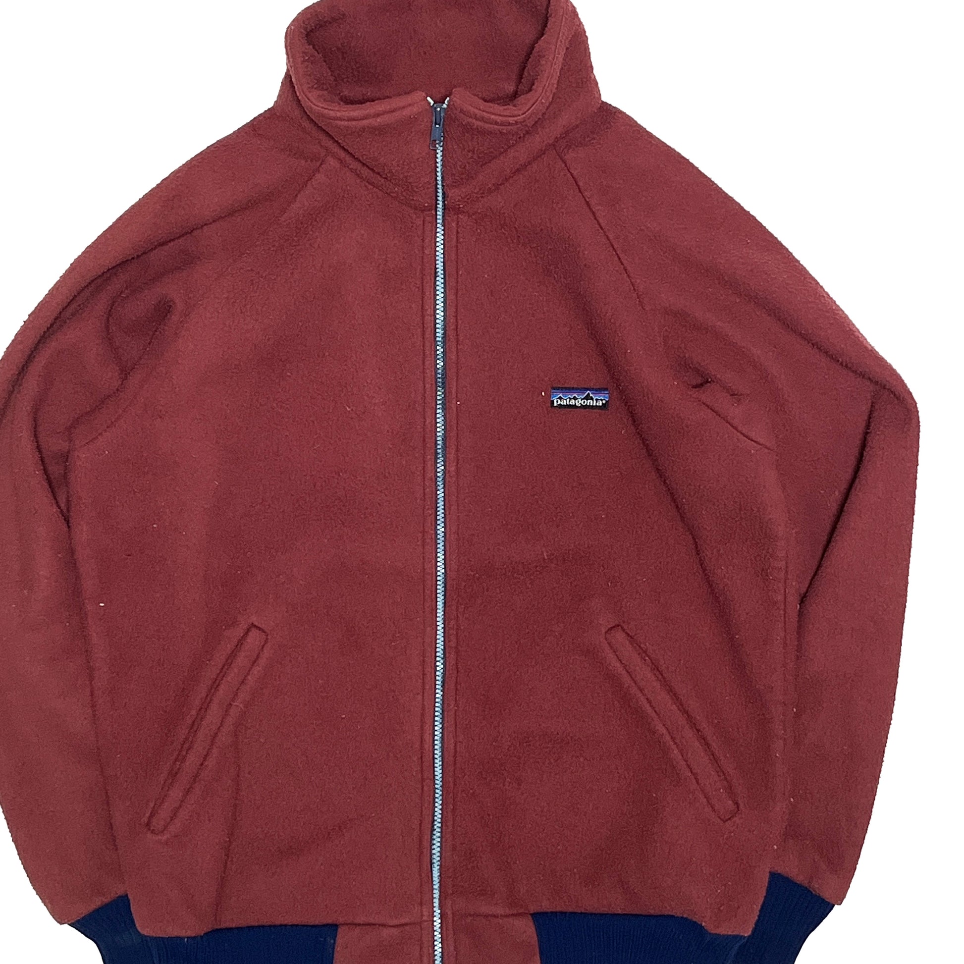80s Patagonia Fleece JKT L 平置き 赤色フリースジャケット 全開のジッパー 左胸のPatagon