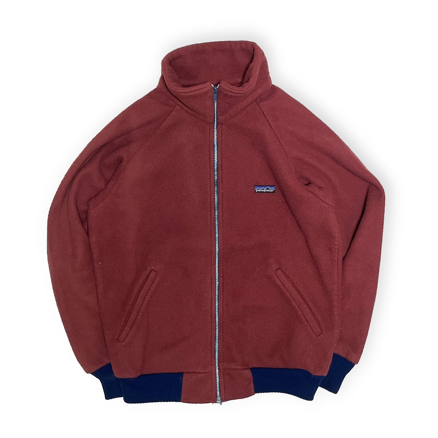 80s Patagonia Fleece JKT L 平置き 赤色フリースジャケット 全開のジッパー 両サイドのポケット