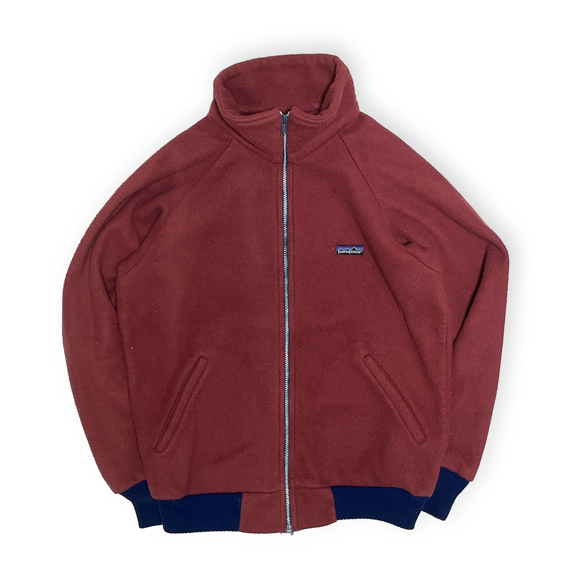 80s Patagonia Fleece JKT L 平置き 赤色フリースジャケット 全開のジッパー 両サイドのポケット
