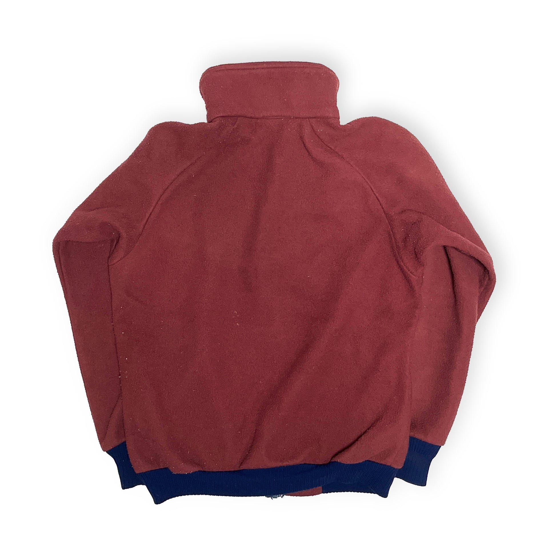 80s Patagonia Fleece JKT L 背面 赤色フリースジャケットの背面 ダークネイビーリブ