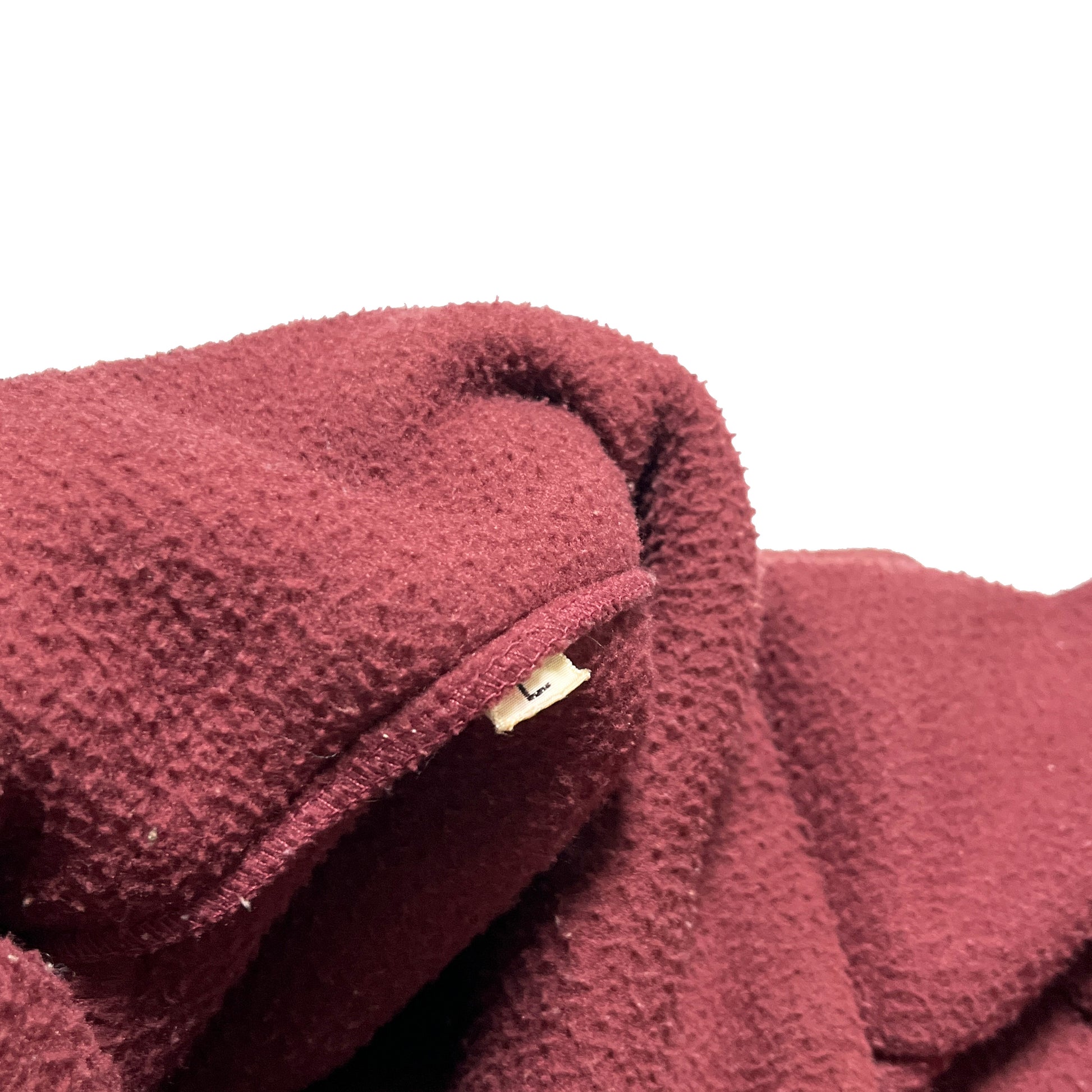 80s Patagonia Fleece JKT L ディテール 1 赤色フリースの素材質感 ダークネイビーリブのディテール