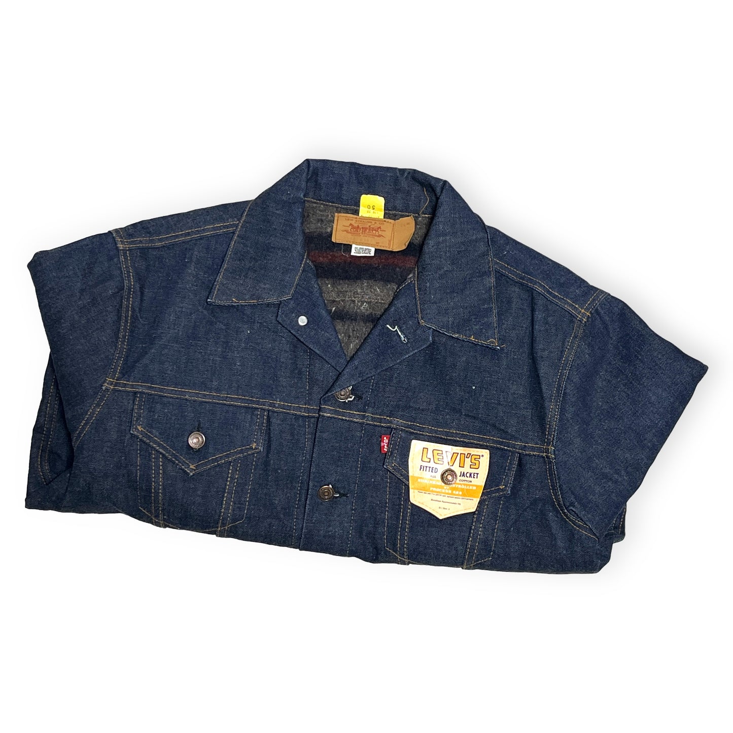 70s Levi's 70505 Small e ブランケット付き 50 Deadstock 平置き 1 ダークネイビー ボタン フロントポケット タグ