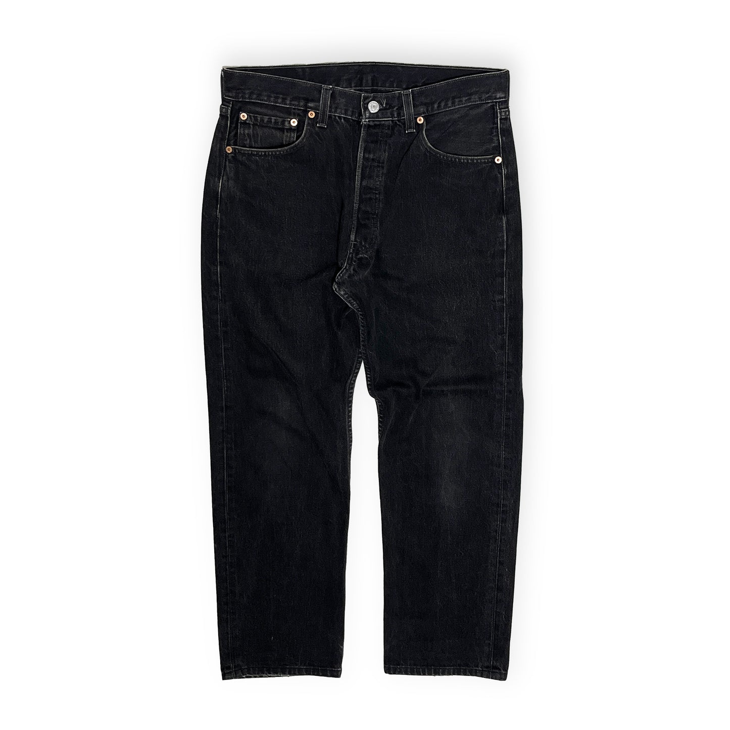 90s Levi's 501 Black Denim PT W32 L28 平置き 黒いジーンズ フロントポケット ボタン 腰帯