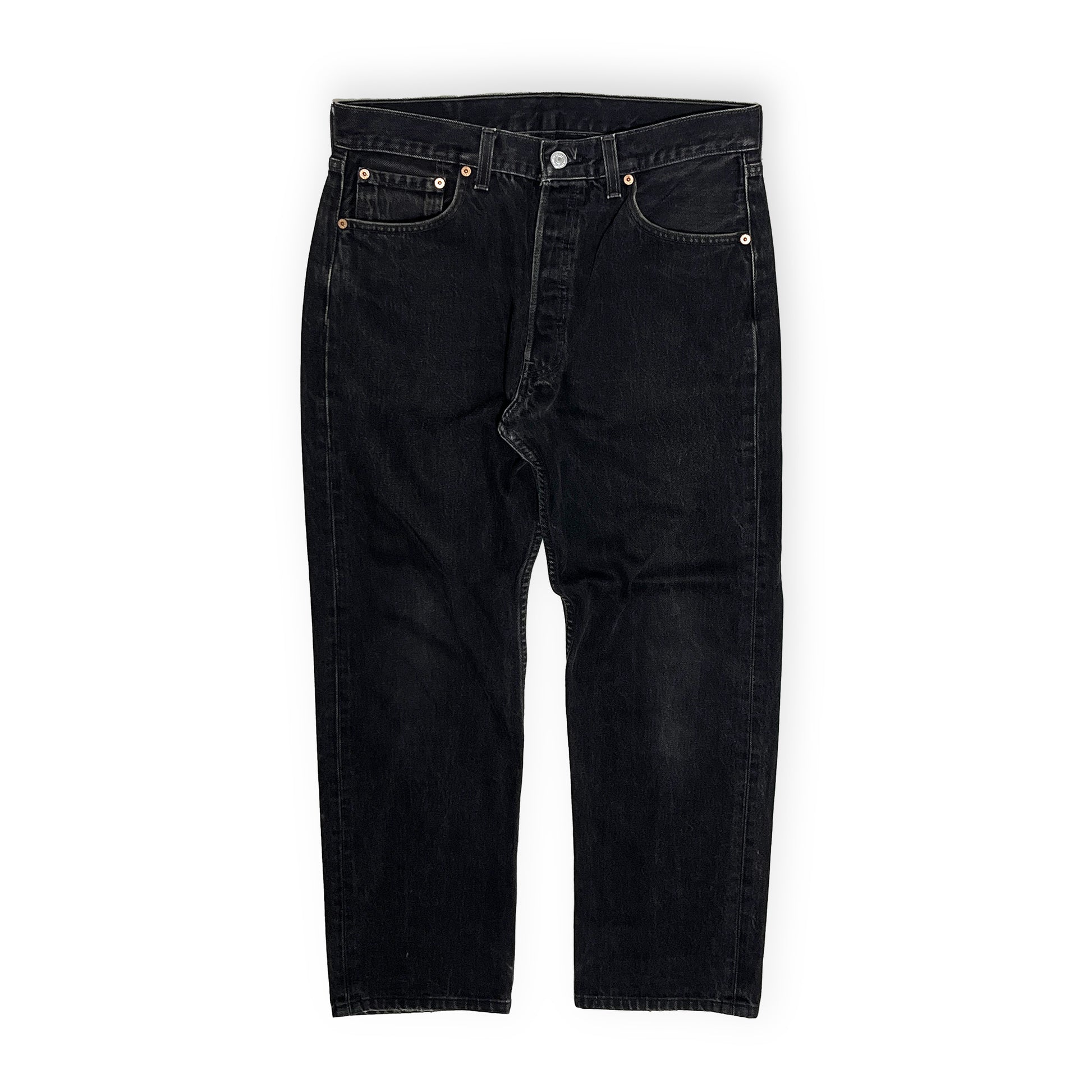 90s Levi's 501 Black Denim PT W32 L28 平置き 黒いジーンズ フロントポケット ボタン 腰帯