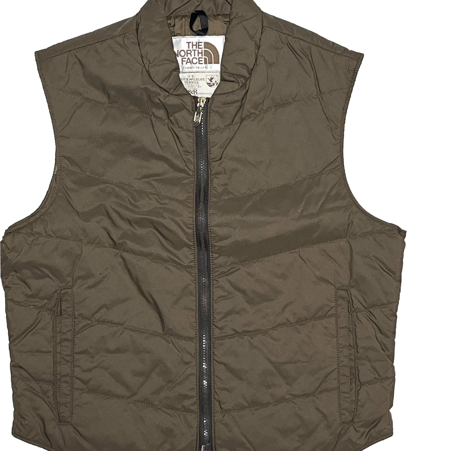 80s North Face Vest "U.S FISH & WILDLIFE SERVICE" L 平置き 正面 全貌 ロゴタグ フロントジッパー