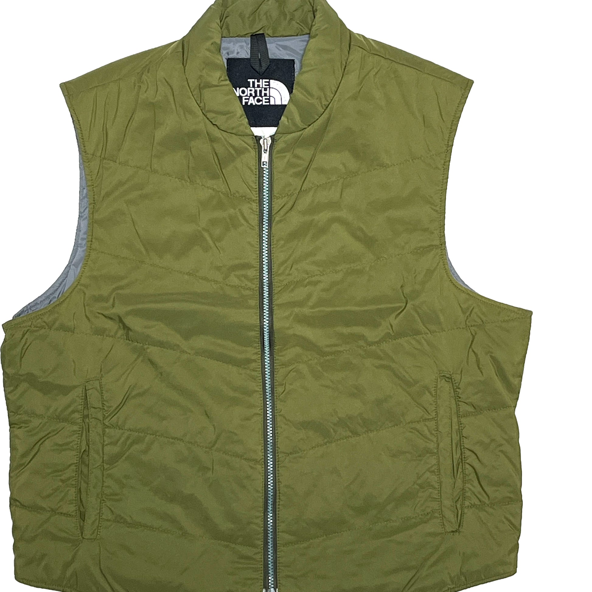 90s North Face Nylon Vest "NATIONAL PARK UNIFORM" XL 平置き 緑色 全開のファスナー 前面ポケット