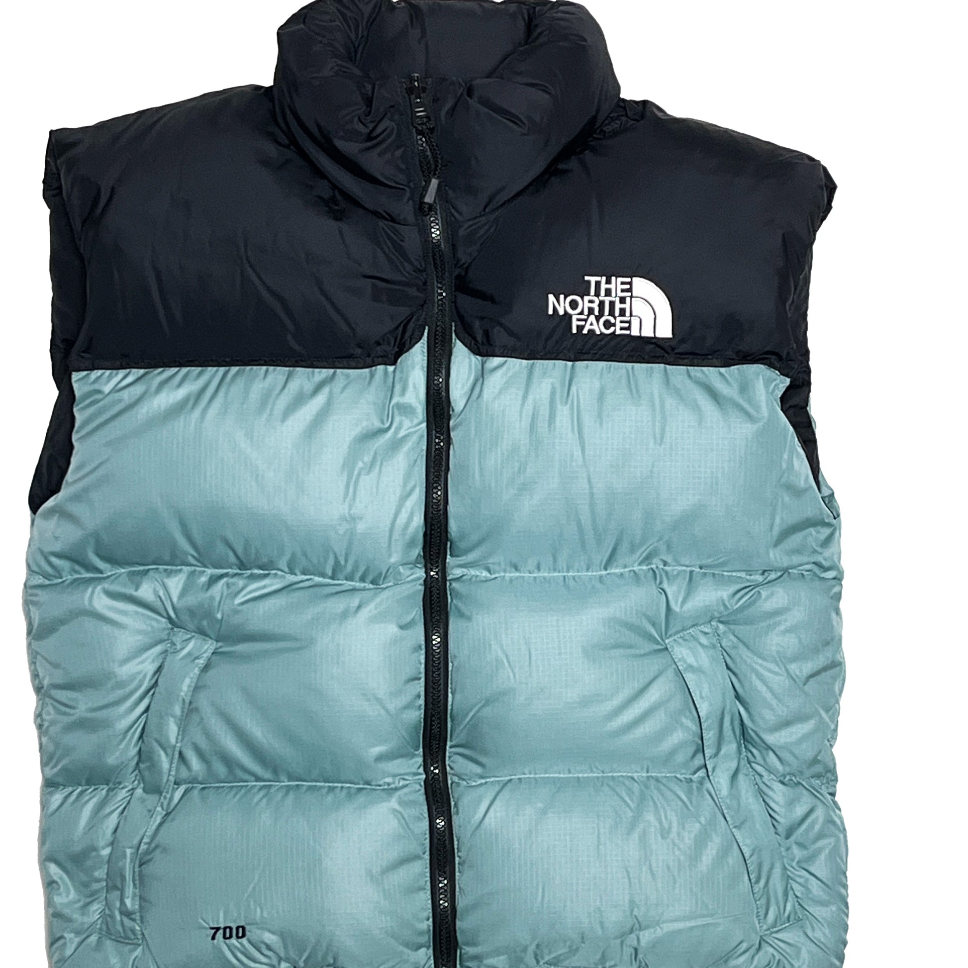 90s North Face Nuptse Vest "Ice Teal" W-M 平置き 1 黒とアイスティーの2色構成 北極圏のロゴ 700充填量表記