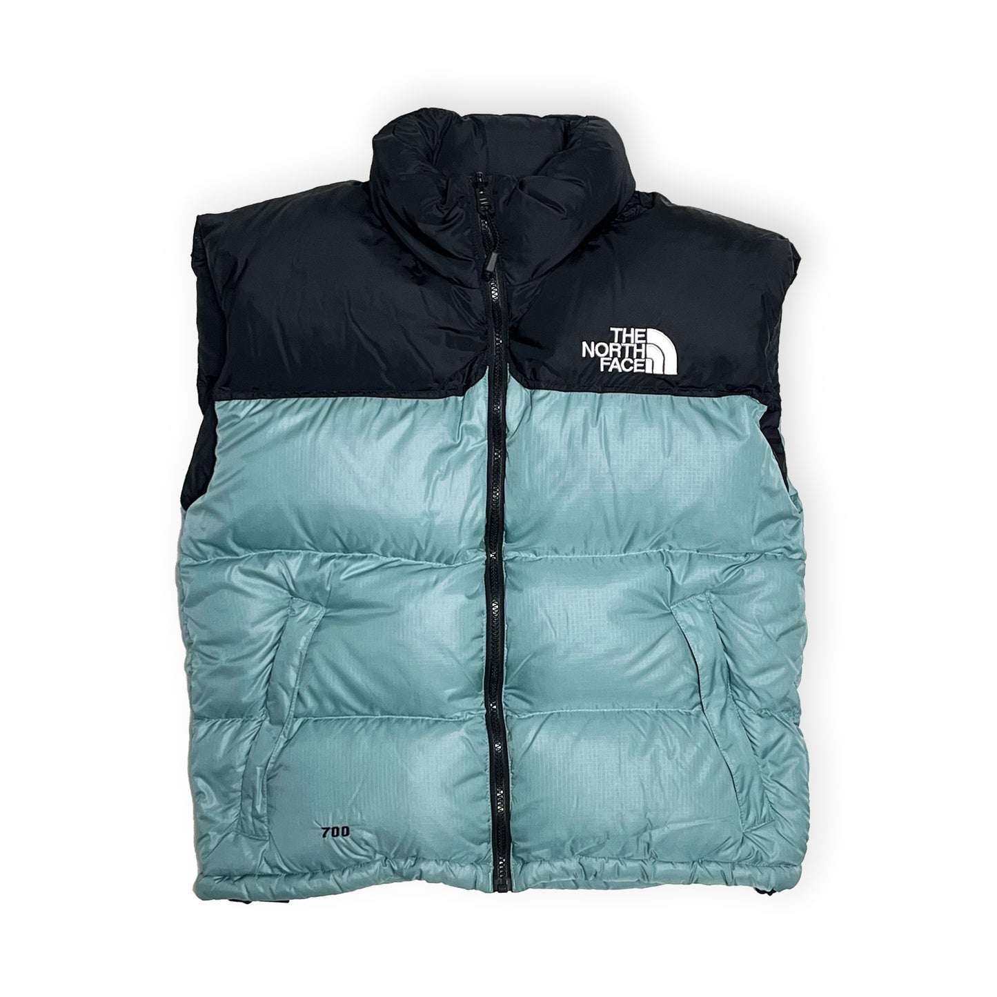 90s North Face Nuptse Vest "Ice Teal" W-M 平置き 2 黒とアイスティーの2色構成 北極圏のロゴ 700充填量表記