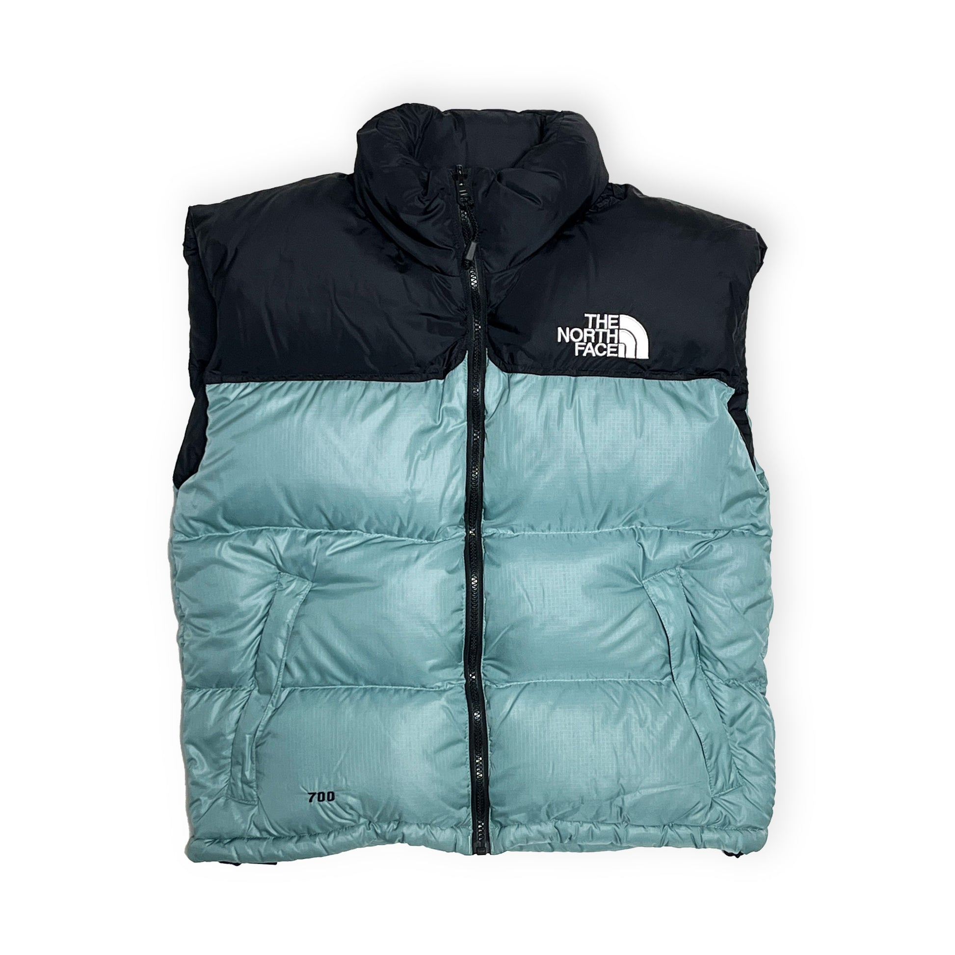 90s North Face Nuptse Vest "Ice Teal" W-M 平置き 2 黒とアイスティーの2色構成 北極圏のロゴ 700充填量表記