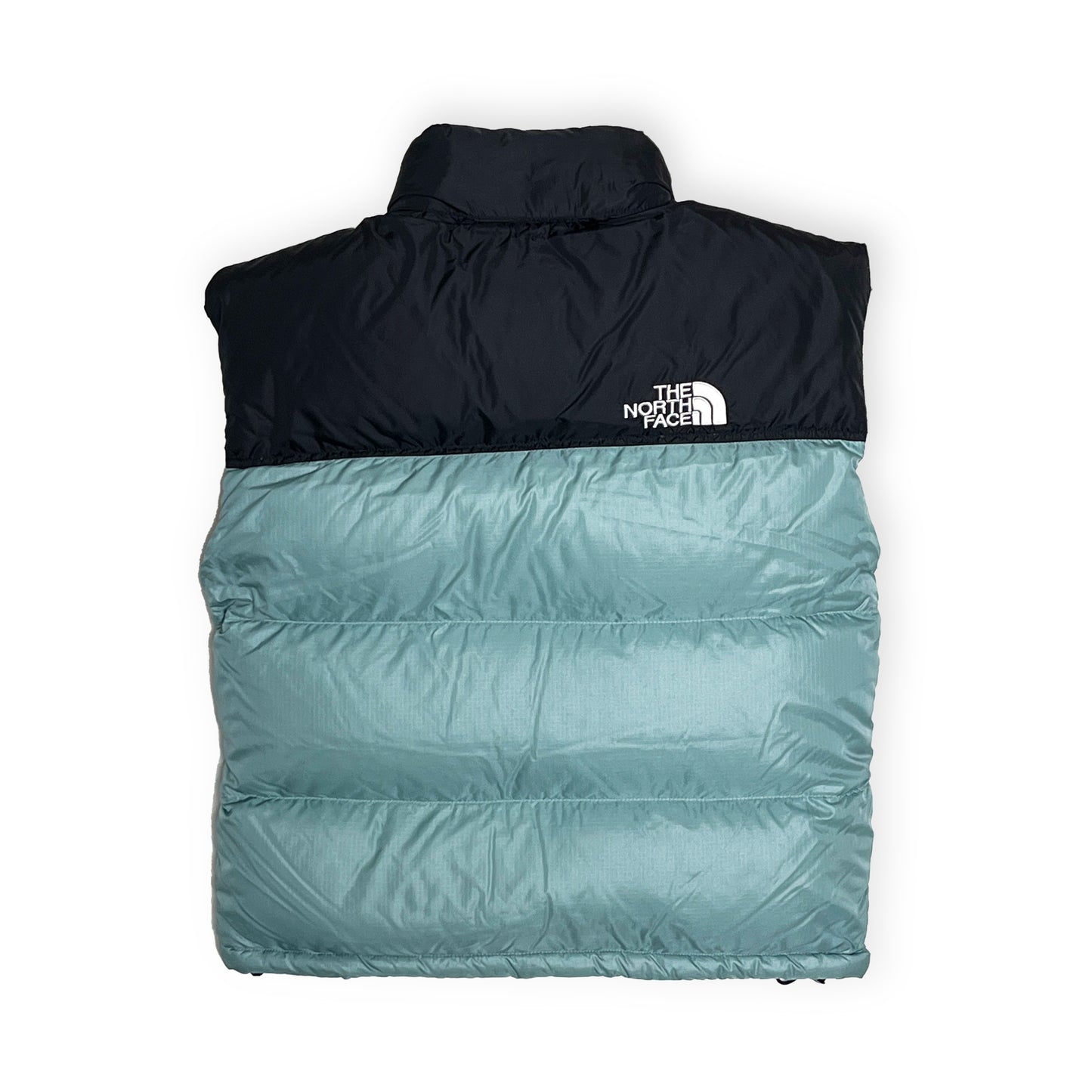90s North Face Nuptse Vest "Ice Teal" W-M ディテール 1 北極圏のロゴ 700充填量表記