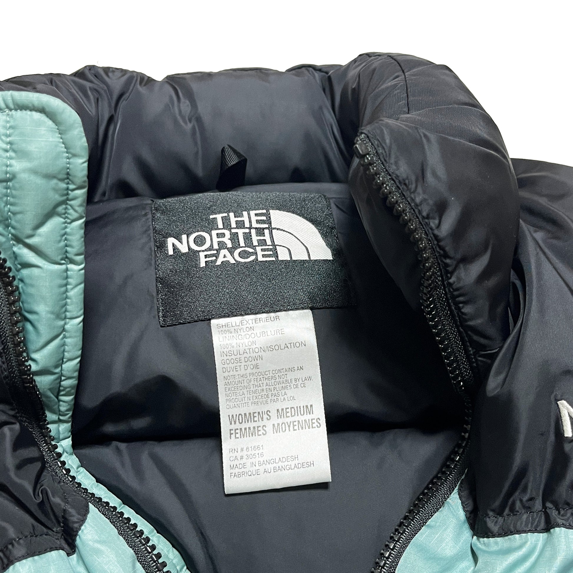90s North Face Nuptse Vest "Ice Teal" W-M ブランドタグ 2 北極圏のロゴ 700充填量表記