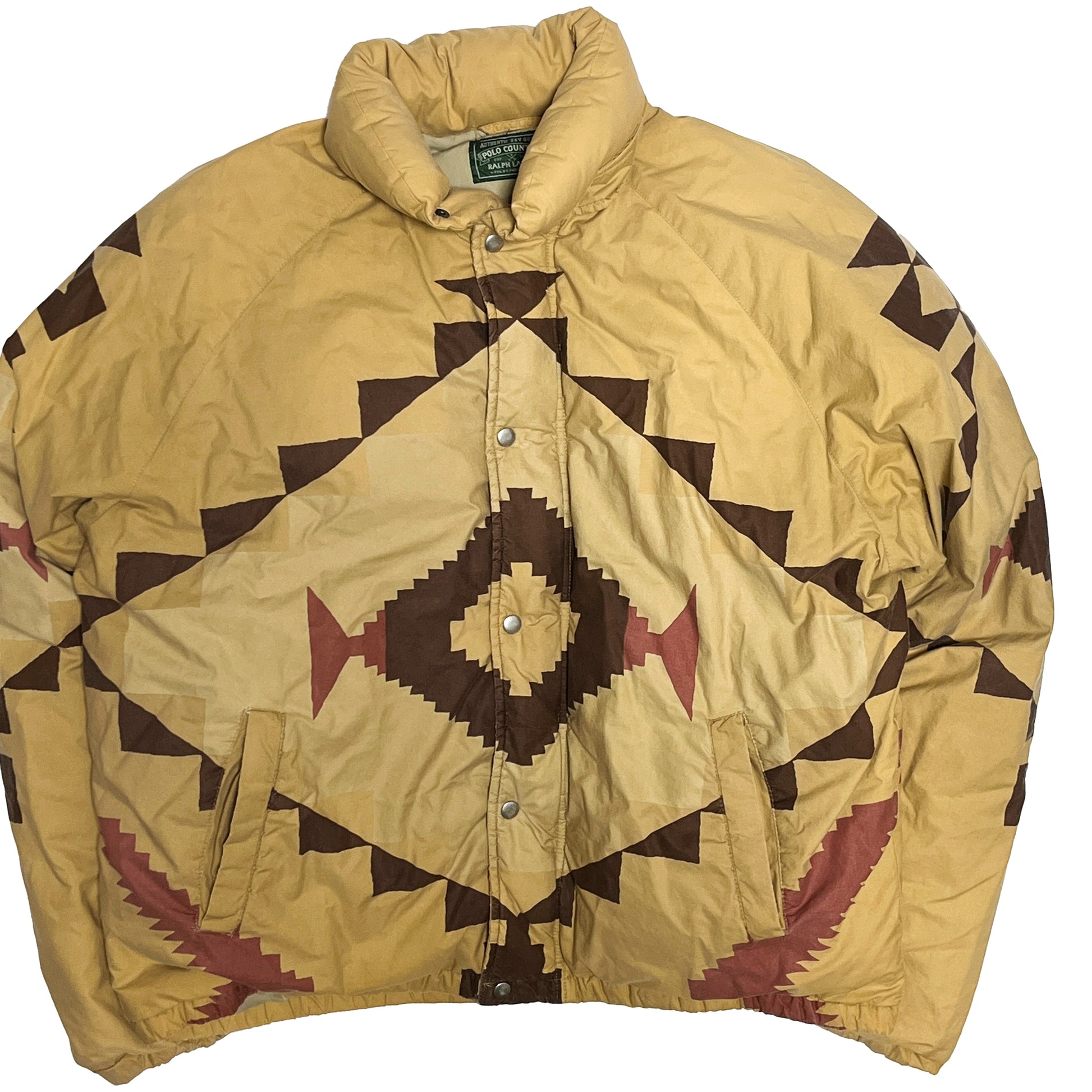 90s Polo Country Native Down JKT ベージュ XL 平置き 1 ベージュのダウンジャケット 北アフリカ・中東の民族柄（アフリ