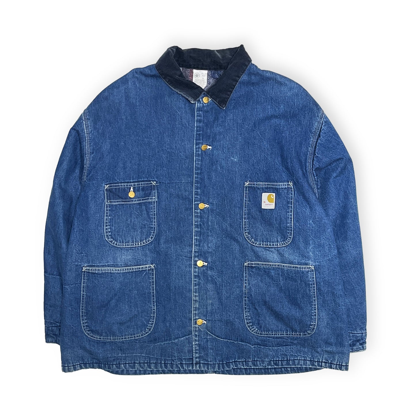 80s〜 Carhartt Denim C-A 56 超ビッグサイズ 平置き 2 正面 ボタン 胸ポケット Carharttロゴ