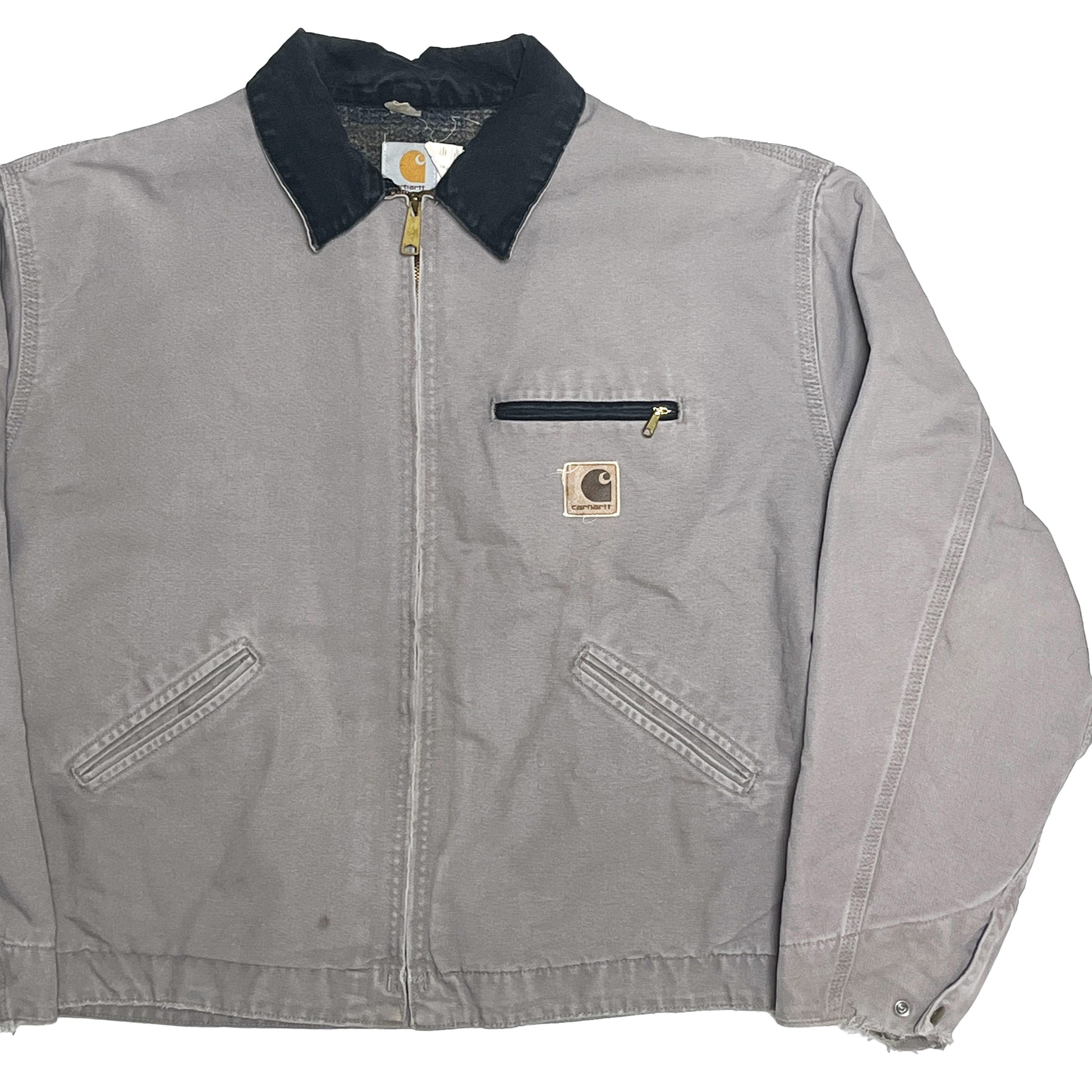 80s〜 Carhartt DETROIT JKT グレー レアカラー XXL 平置き 1 グレーのジーンジャケット ダークネイビーの襟 フロントポケッ