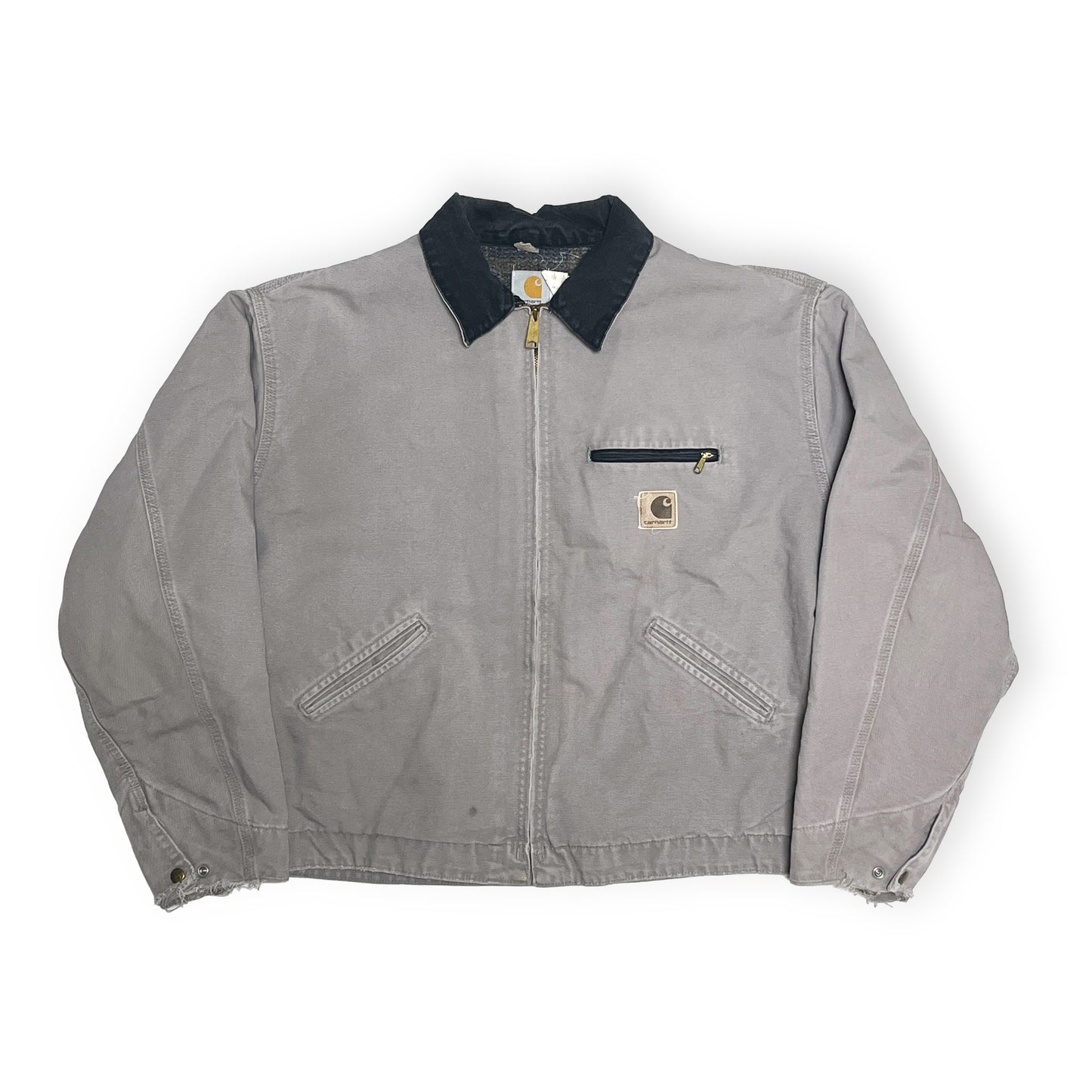 80s〜 Carhartt DETROIT JKT グレー レアカラー XXL 平置き 2 グレーのジーンジャケット ダークネイビーの襟 フロントポケッ