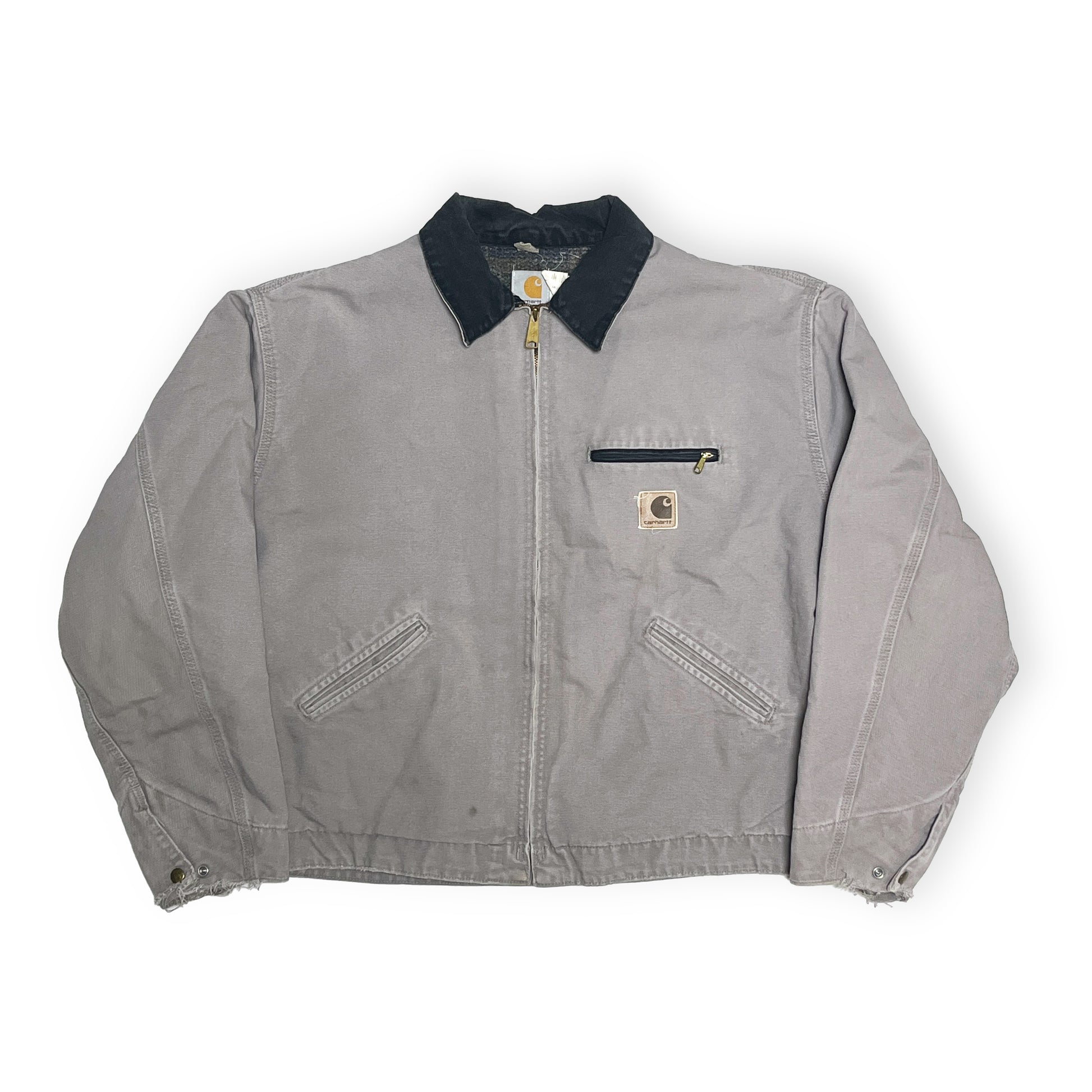 80s〜 Carhartt DETROIT JKT グレー レアカラー XXL 平置き 2 グレーのジーンジャケット ダークネイビーの襟 フロントポケッ